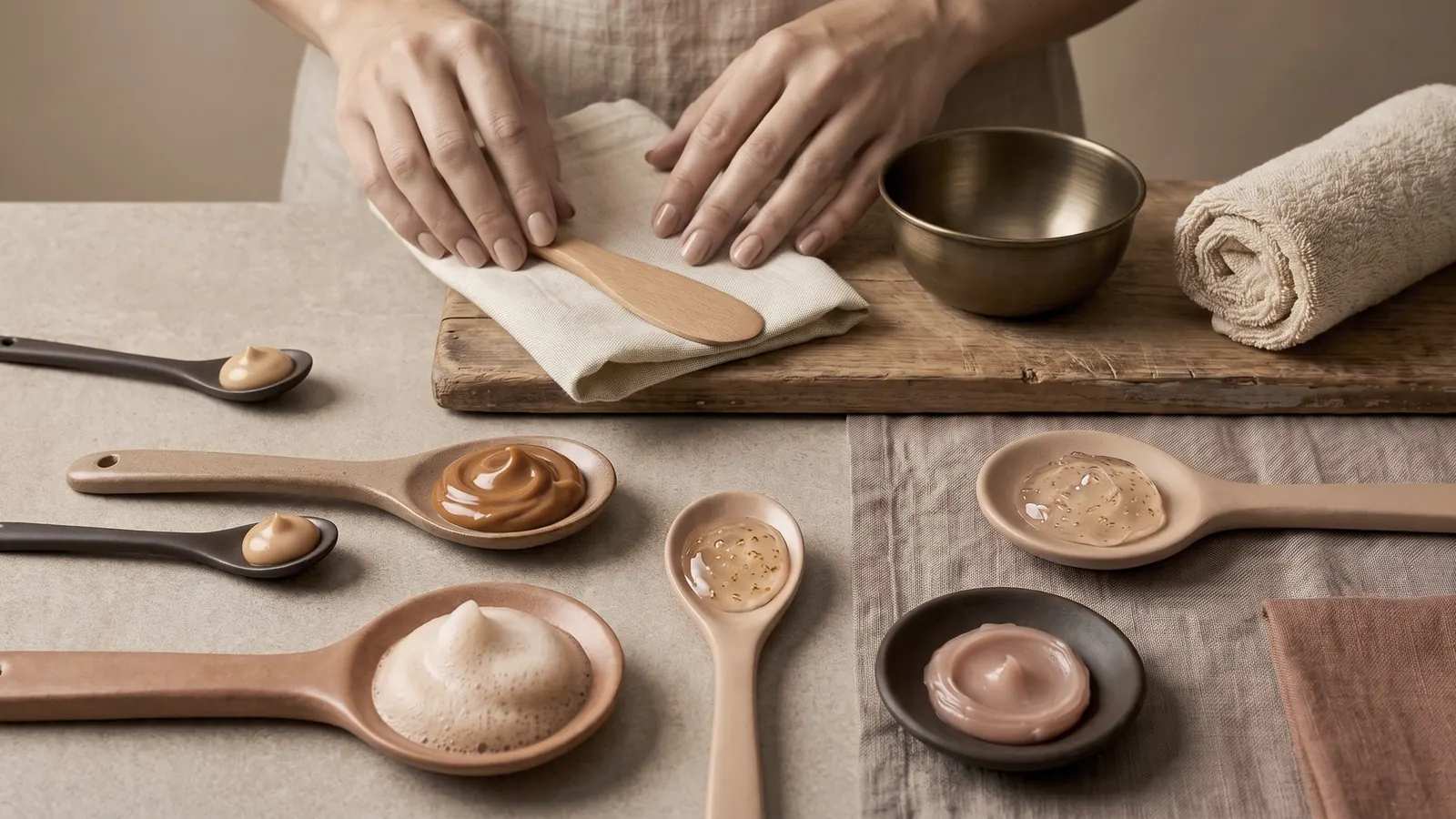 Keramiklöffel und Schälchen mit Creme, Balsam und Gel, zwei Hände legen ein Leinentuch zurecht