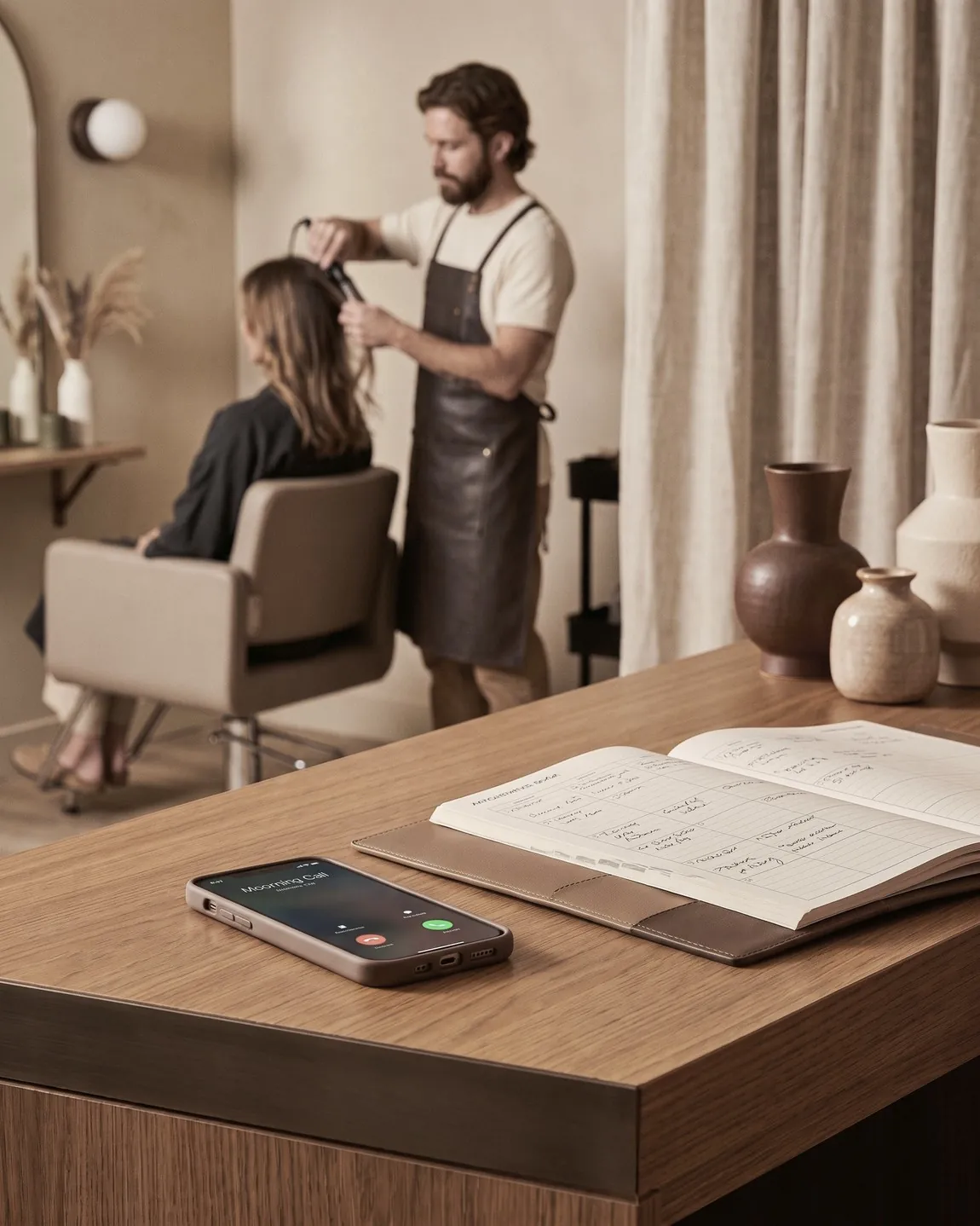 Ein Smartphone mit eingehendem Anruf auf dem Empfangstresen, im Hintergrund frisiert ein Stylist eine Kundin