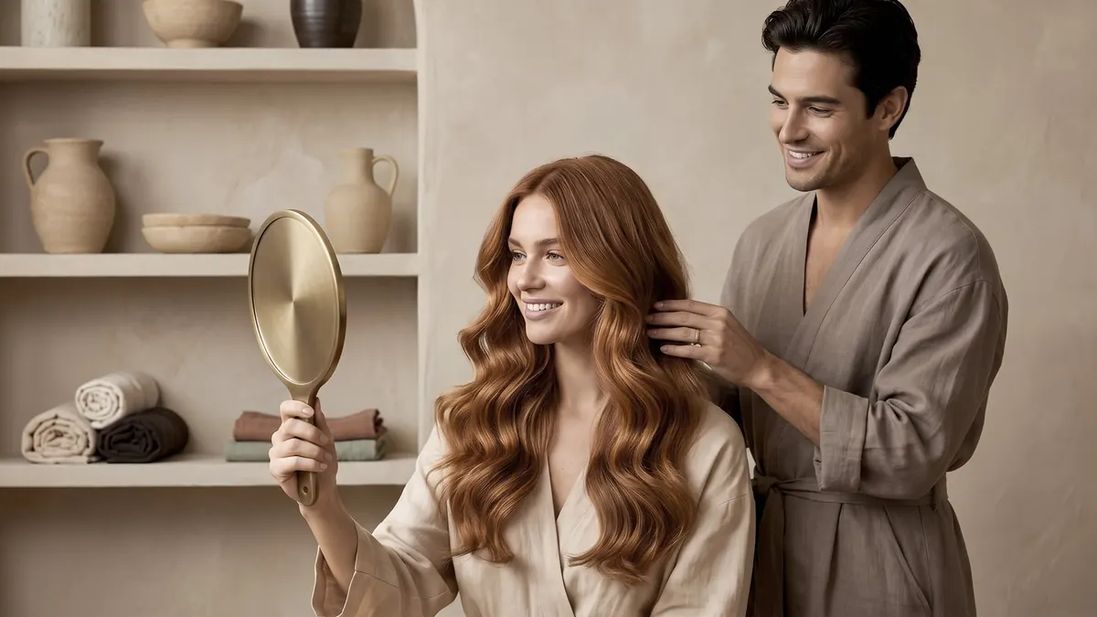 Eine Kundin mit frisch gestylten Wellen lächelt in den Handspiegel, der Stylist steht daneben
