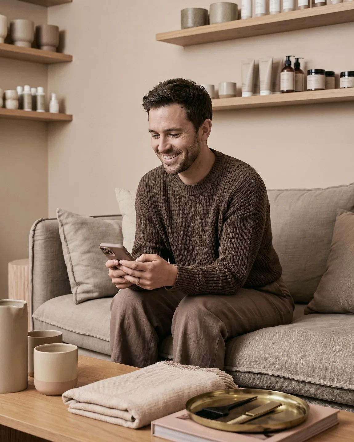 Ein Studioinhaber sitzt entspannt auf dem Sofa und schaut lächelnd auf sein Handy