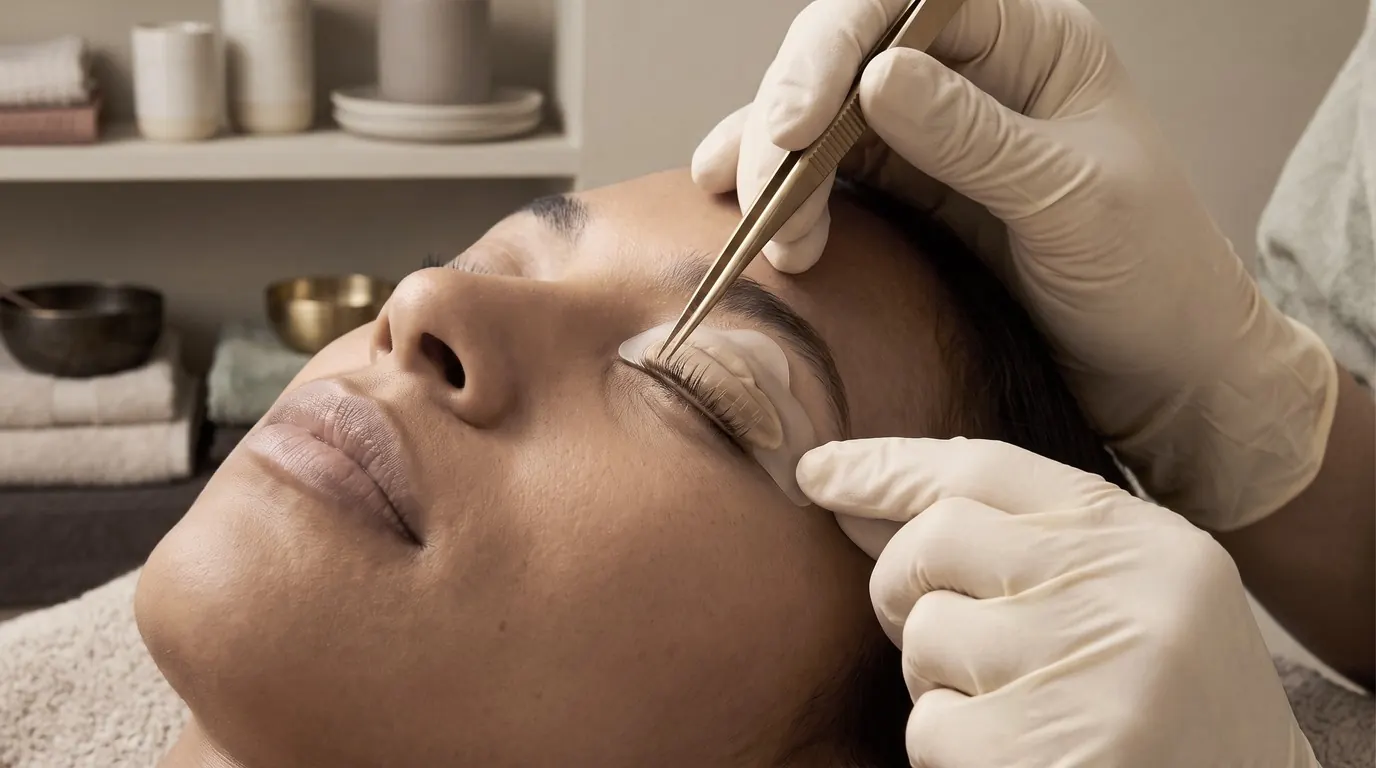 Wimpernlifting: Hände in Handschuhen arbeiten mit einer Pinzette am geschlossenen Auge einer Kundin