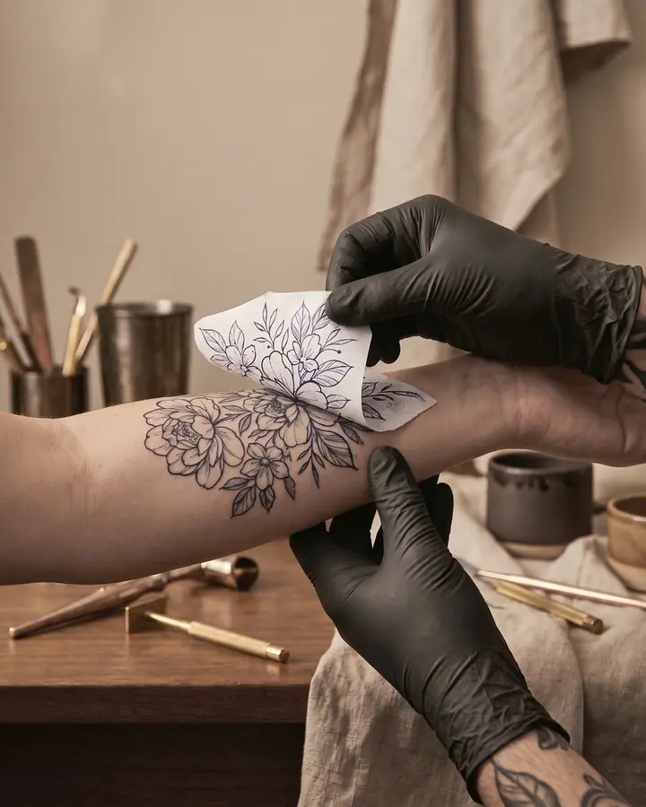 Eine Tattoo-Schablone mit Blumenmotiv wird auf einen Unterarm gelegt